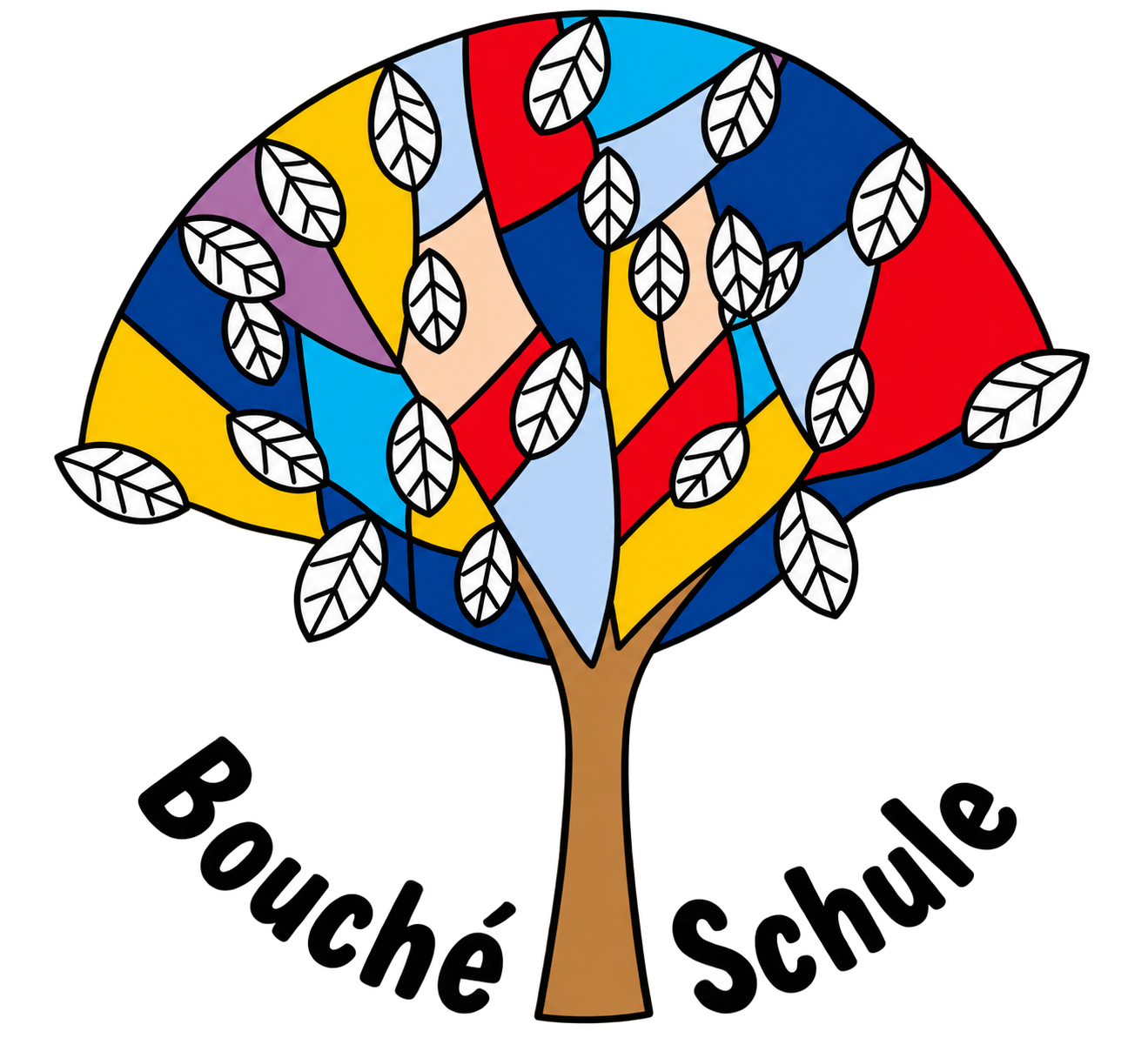 Logo der Bouché Schule: bunter Baum mit weißen Blättern.